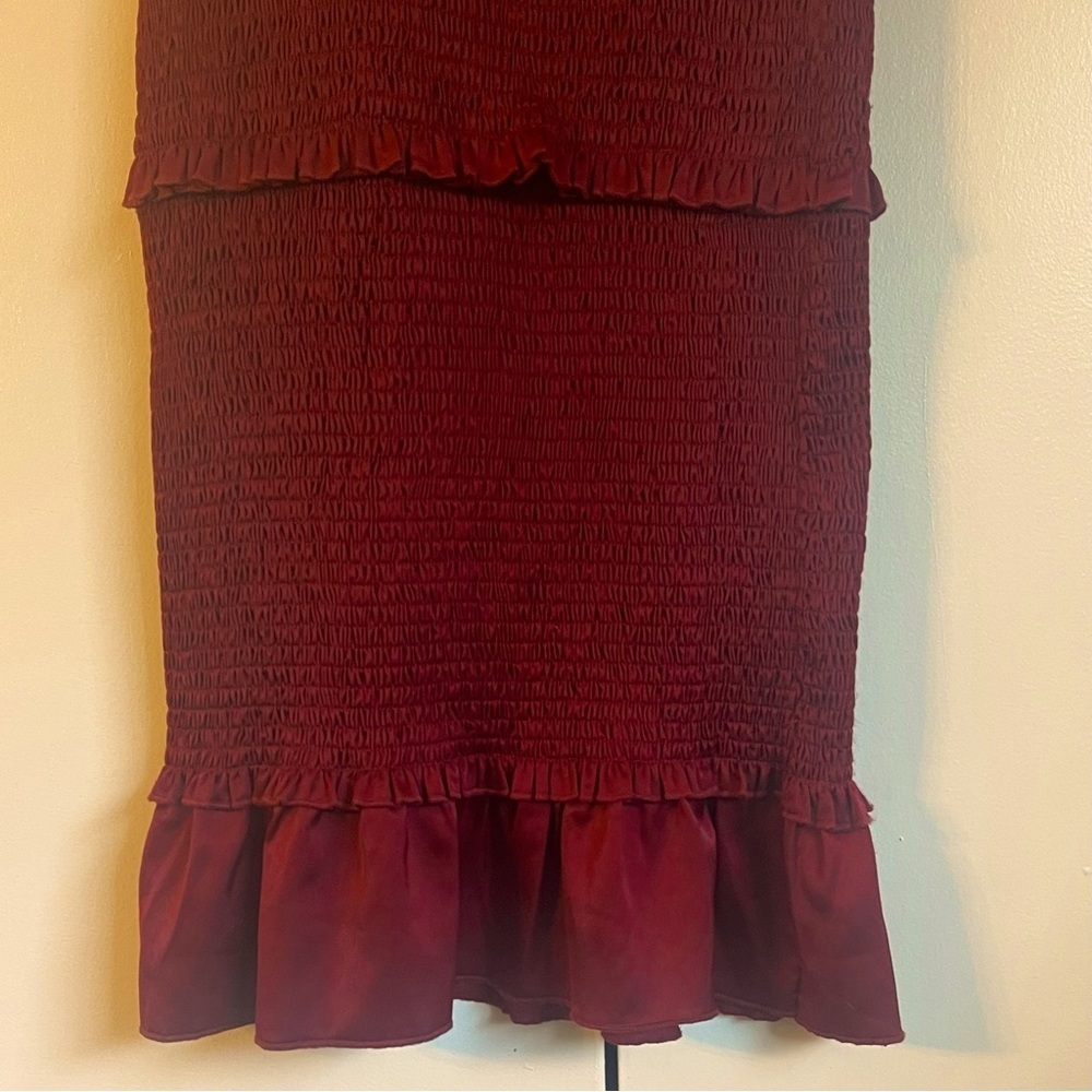 MABLE Satin Smocked Fitted Ruffled Midi Dress- Wine Color - Picture 8 of 10